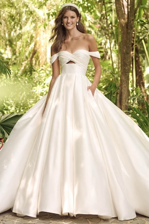 off the shoulder mermaid style wedding dress White satin Off shoulder mermaid gown
